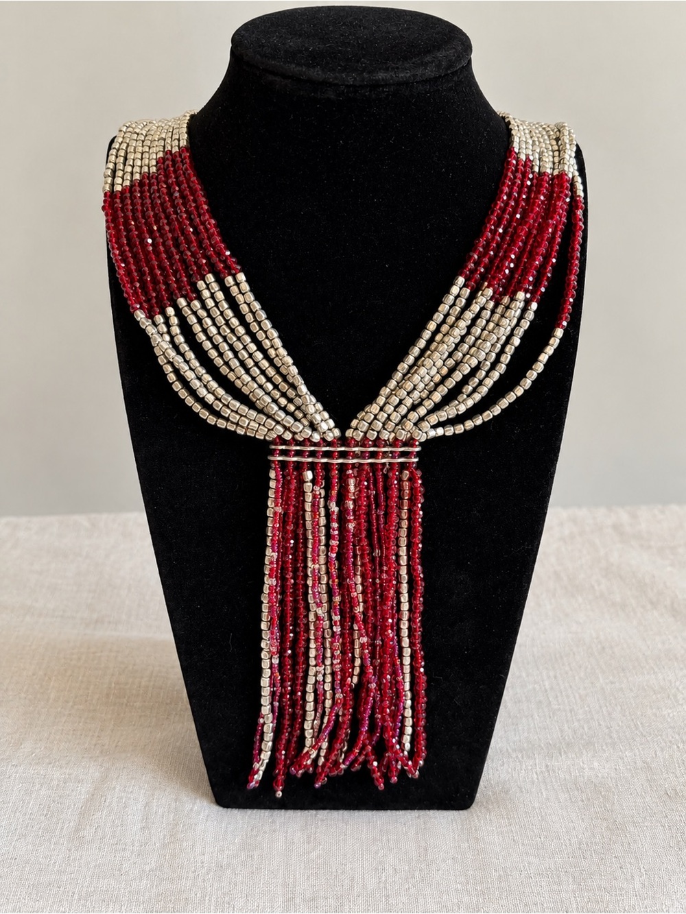 Handmade in India Multi-Strand Red & Silver Beaded Tassel Statement Necklace